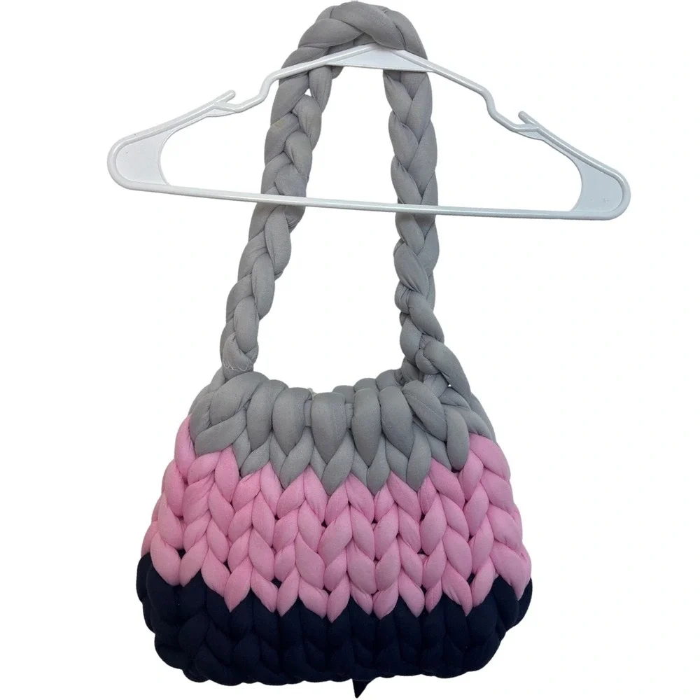 Thread the‎ Gnar Handwoven Chunky Knit Tote Bag Grey Pink Navy Blue Velvet Bow